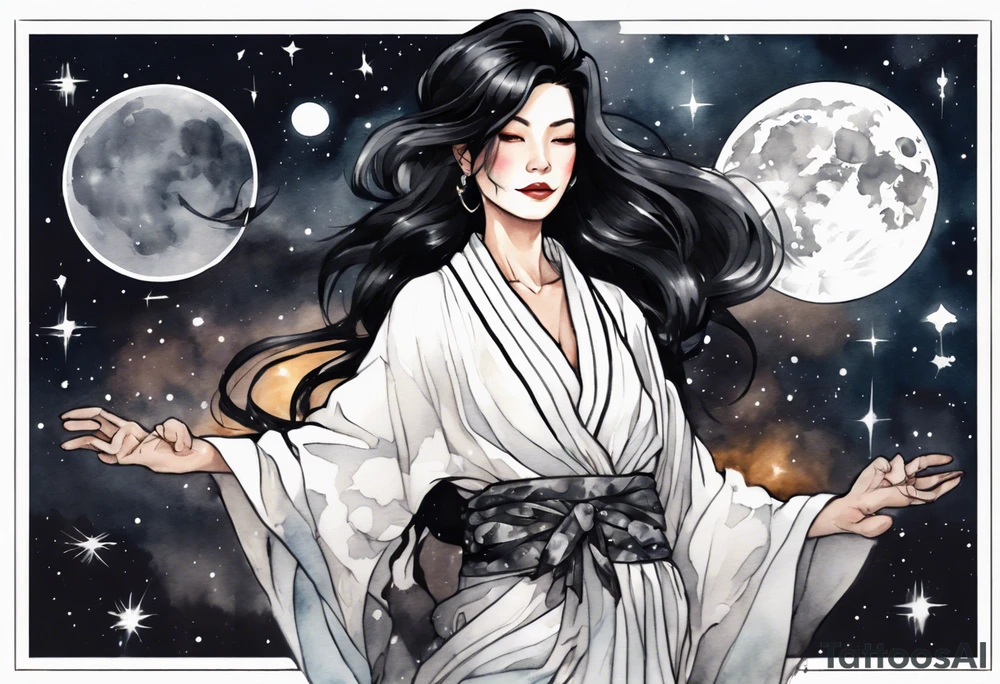 a beautiful black-haired middle-aged woman dressed in a black and white robe,  glowing in the night sky tattoo idea
