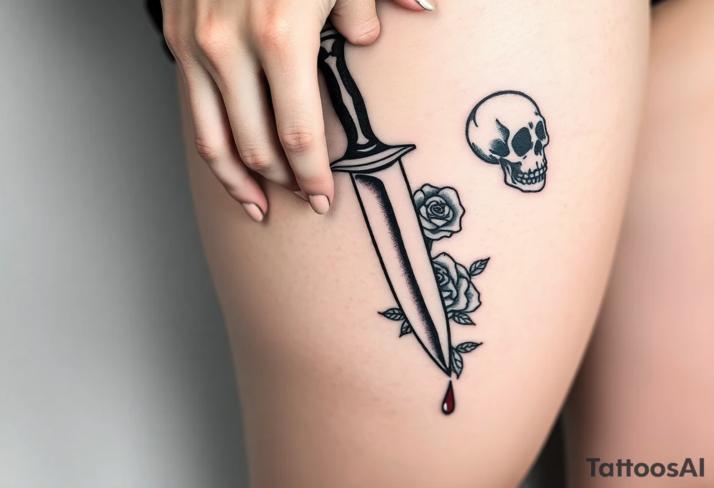 en el caos encontré mi forma favorita 
de amarte somos veneno y promesa.  Add around 

Woman’s hand reaching down grabbing blade handle, skeleton head on right under blade, rise on right under blade, blood dry from tip of blade, skeleton hand reaching for Blade tip. Just the hand and place above blade handle reaching for handle. Skull and rose underneath blade. Just the skeleton hand reaching for tip of knife which is dripping blood. tattoo idea