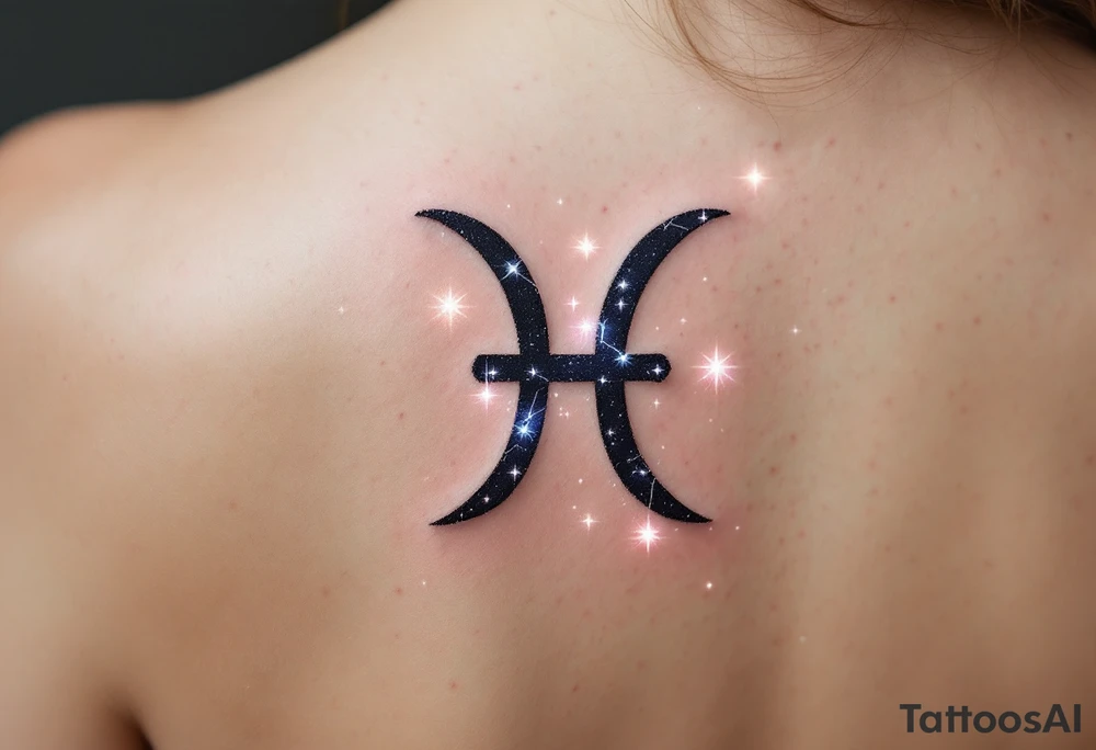 A bold black Pisces sign sits under a glowing gradient of starlight forming the constellation in icy shades. tattoo idea