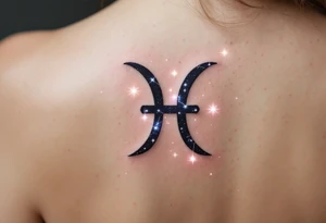A bold black Pisces sign sits under a glowing gradient of starlight forming the constellation in icy shades. tattoo idea