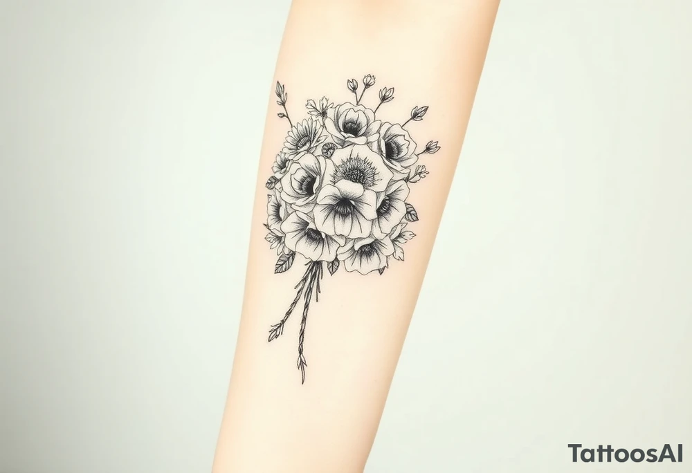 Bouquet of roses, snowdrops, marigolds, asters and gladioli tattoo idea
