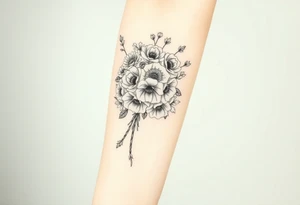 Bouquet of roses, snowdrops, marigolds, asters and gladioli tattoo idea