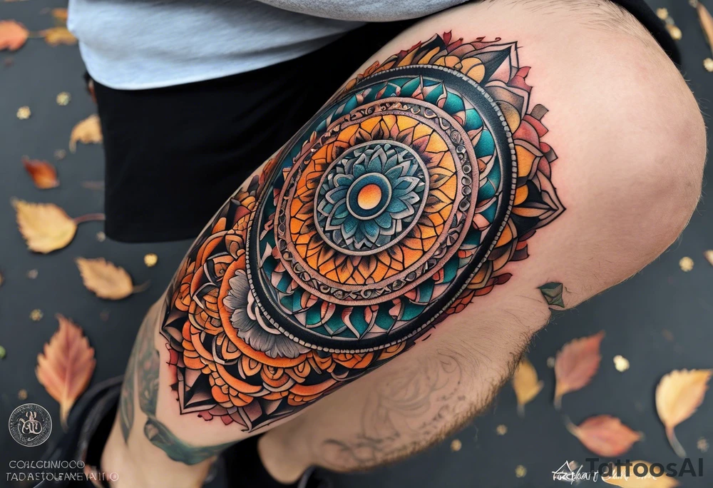 male moon mandala Knee tattoo in fall colors tattoo idea