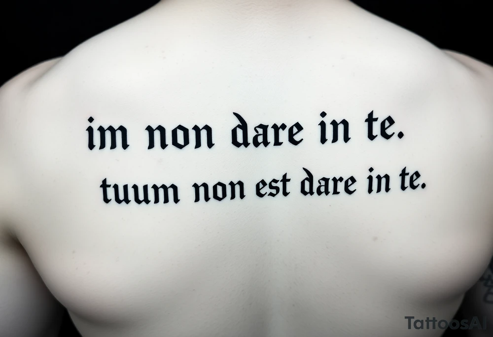 i want you to create a tattoo with two lines of text, the first line is "im non dare in te" the second is "tuum  non est dare in te" use a kind of sharp bold archaic font tattoo idea