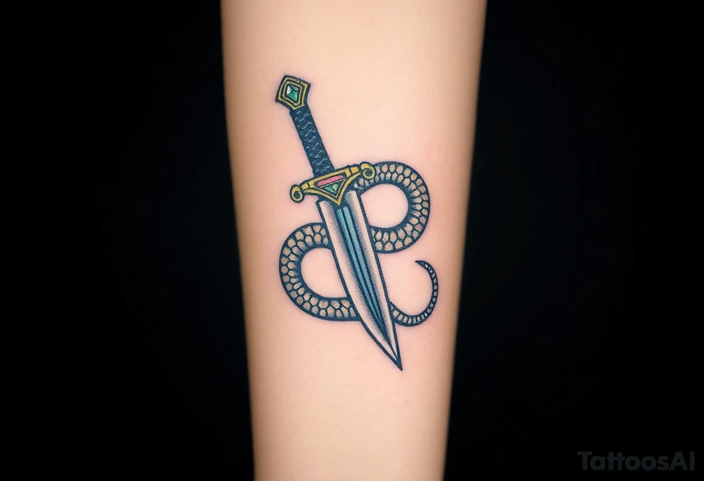 mystical snake coiled around an ancient dagger with jeweled hilt tattoo idea