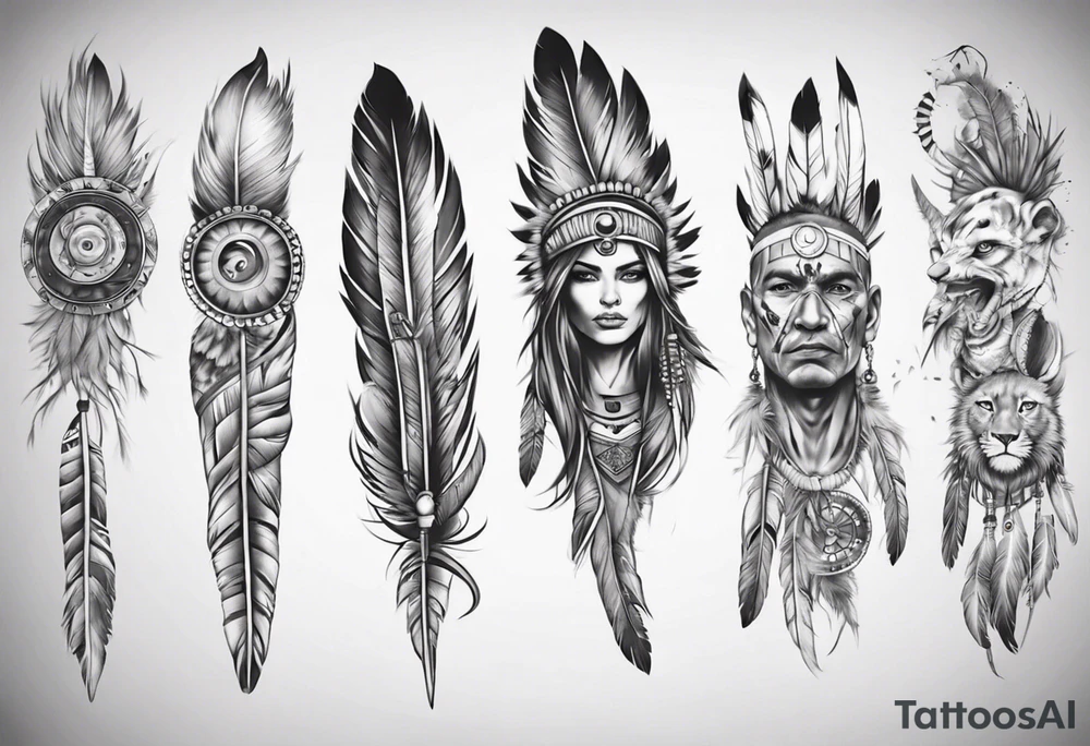 indian realistic leg sleeve with human face and feathers 
and maybe some animals evil looking tattoo idea