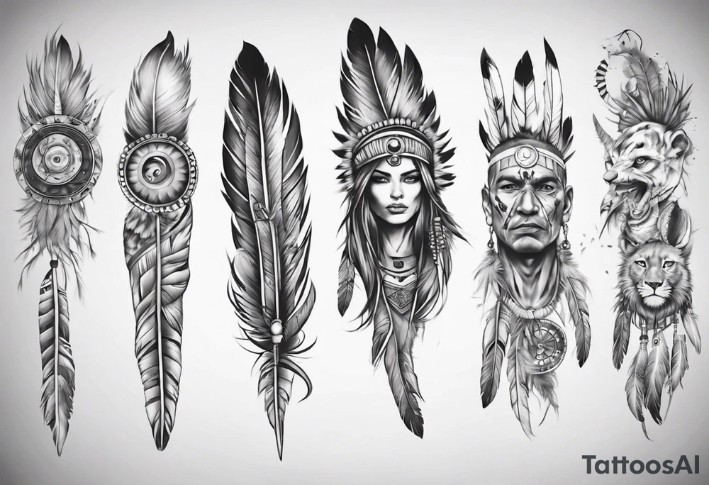 indian realistic leg sleeve with human face and feathers
and maybe some animals evil looking tattoo idea