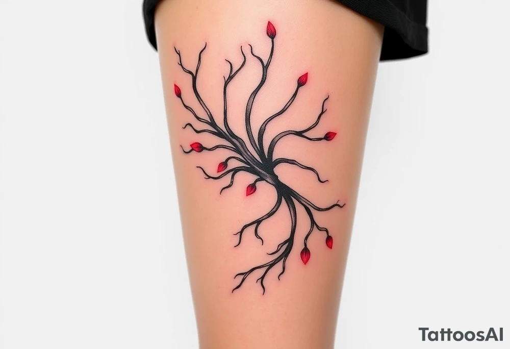 Elegant tattoo design featuring Asparagopsis taxiformis seaweed, graceful flowing tendrils, watercolor style with red accents, wrapping around calf, organic movement, marine botanical art” tattoo idea