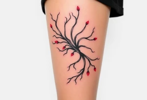 Elegant tattoo design featuring Asparagopsis taxiformis seaweed, graceful flowing tendrils, watercolor style with red accents, wrapping around calf, organic movement, marine botanical art” tattoo idea