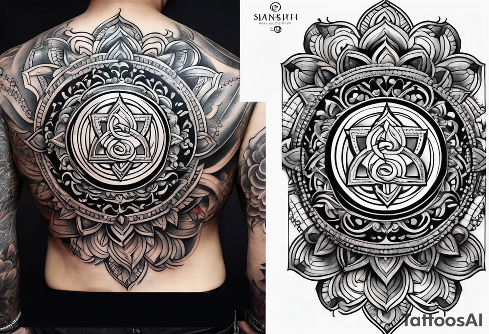 Sleeve tattoo based around Sanskrit Om symbol tattoo idea