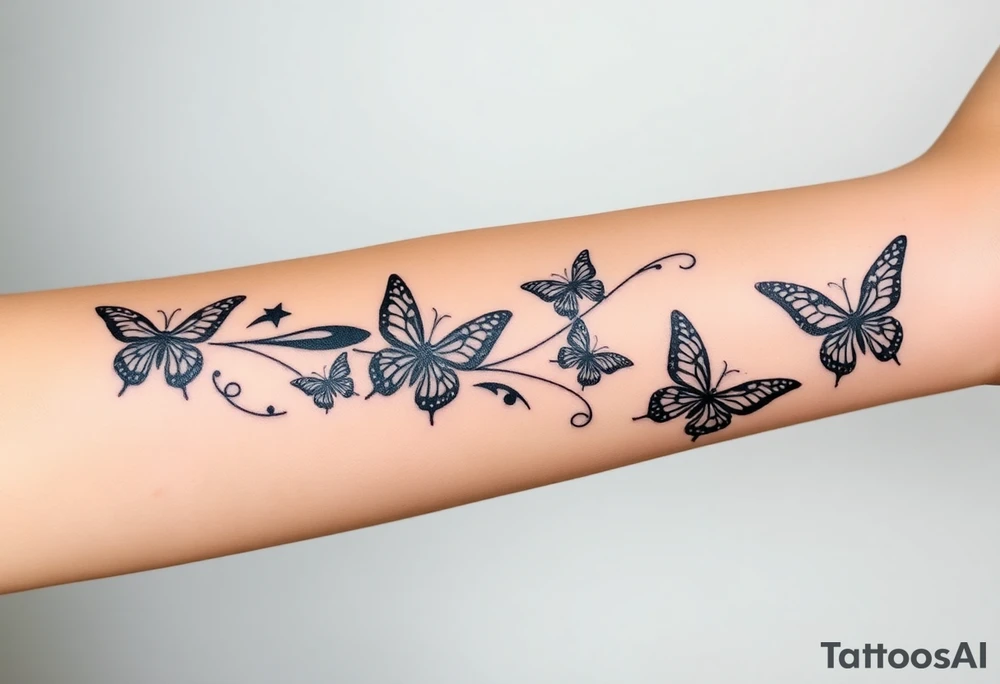 Six different butterflies streaming down arm with six kids names Aden, Aninna, Novaih, Rayla, Jayla, Teresa tattoo idea