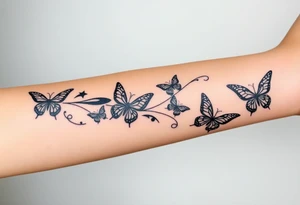 Six different butterflies streaming down arm with six kids names Aden, Aninna, Novaih, Rayla, Jayla, Teresa tattoo idea