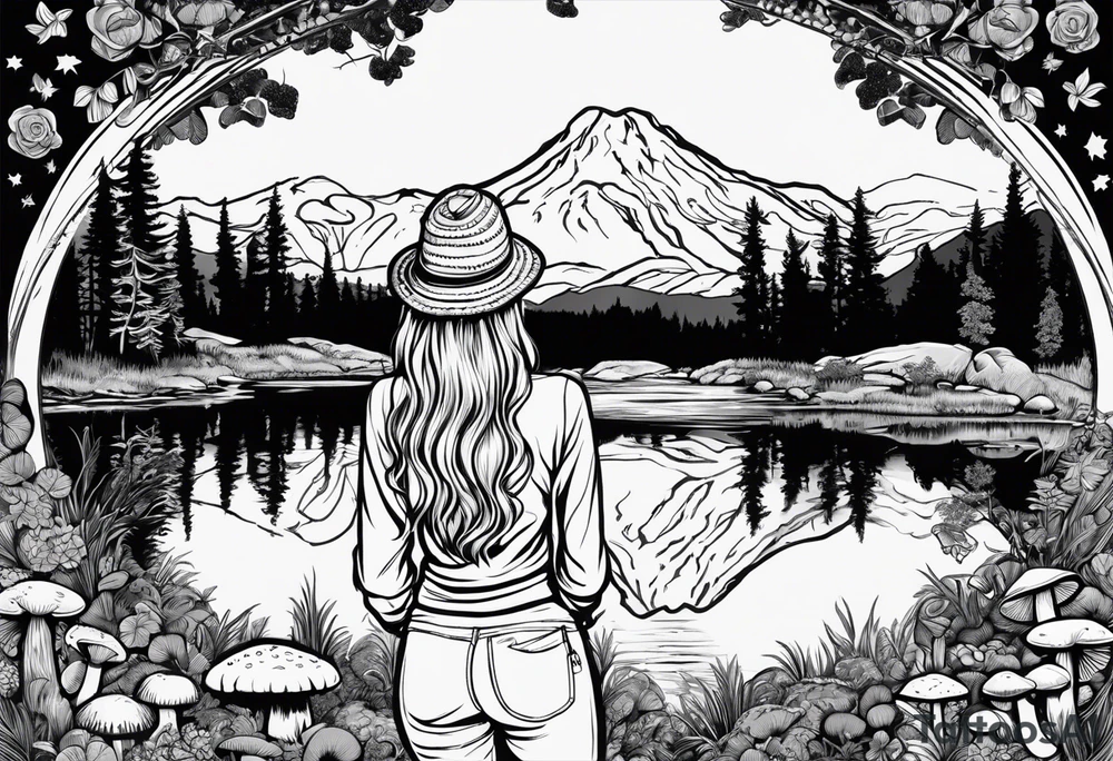 Whole picture encircled fully

Straight long blonde hair hippie girl in distance holding mushrooms in hand facing away toward mountains and creek surrounded by mushrooms long sleeve shirt and hiking pants; whole rendering within a full circle, no cut off circle tattoo idea