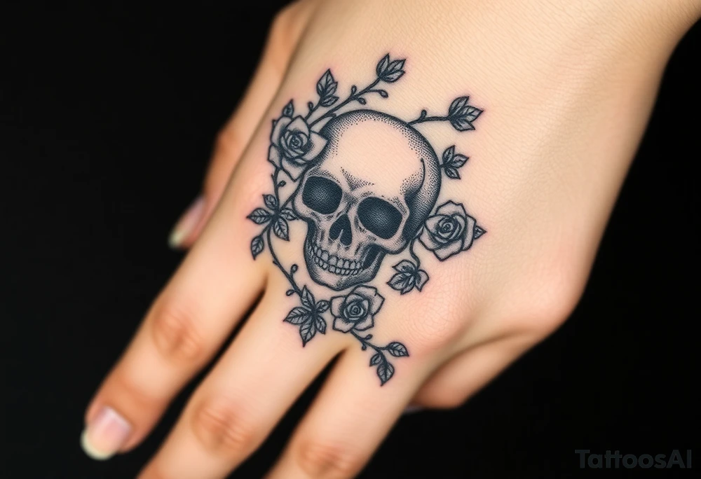 gothic skull intertwined with climbing roses and thorny vines tattoo idea