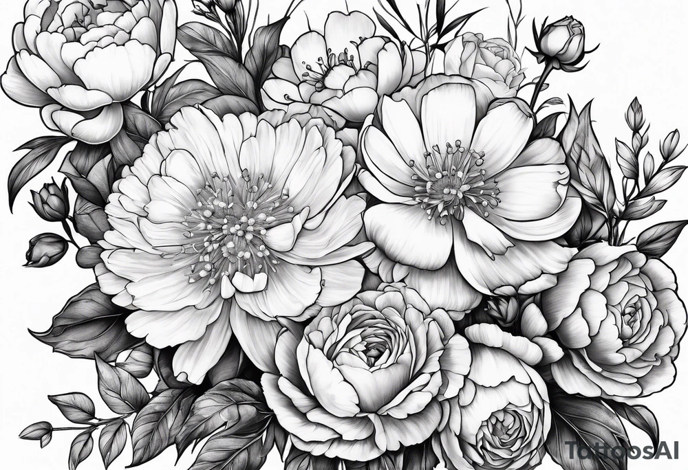 Bouquet, peonies, roses, daisies, forget me nots tattoo idea