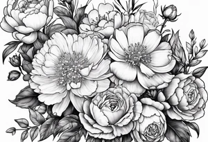 Bouquet, peonies, roses, daisies, forget me nots tattoo idea