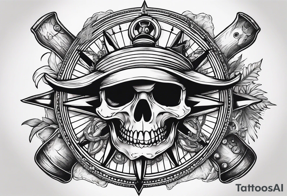 pirate themed compass with a skull and cross bones, oyster pearl, shark and starfish. tattoo idea
