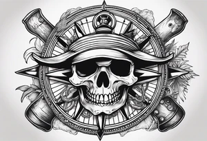 pirate themed compass with a skull and cross bones, oyster pearl, shark and starfish. tattoo idea