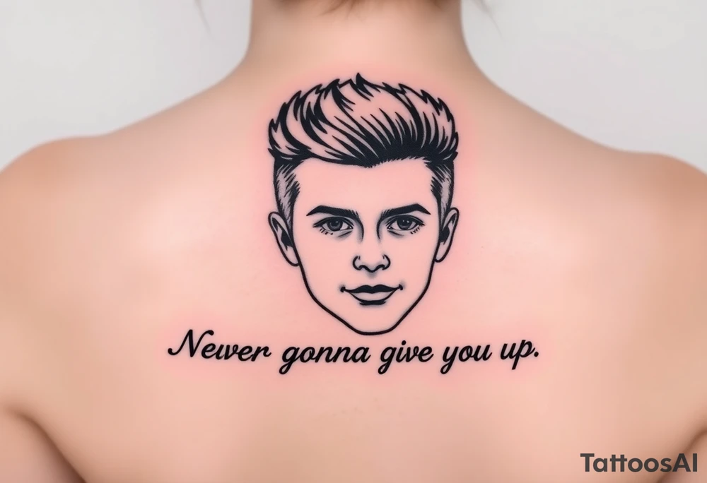 Young Rick Astley Face with Never Gonna Give You Up text tattoo idea