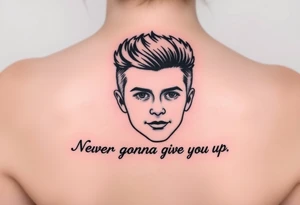 Young Rick Astley Face with Never Gonna Give You Up text tattoo idea