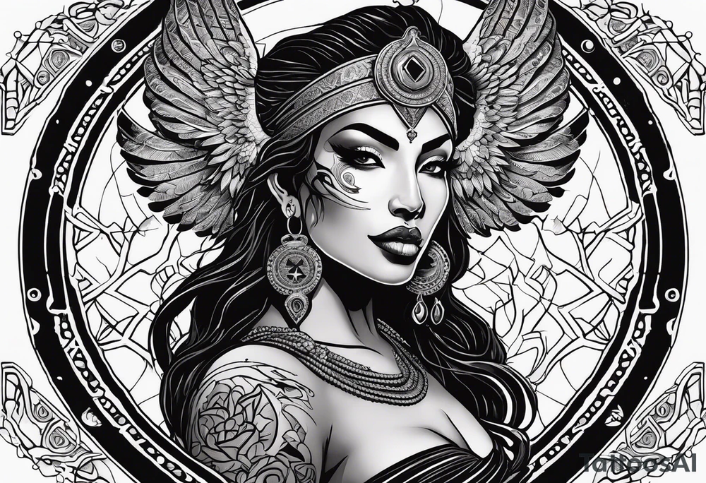 black kali, goddess pirate, alien, angel, pachamama, valkrye, warrior, flying, skull, lotus azul, wing, eagle, zenza resonance, stars, 5D, anahata chakra, death, durga, riding on a tiger, flying lady, kundalini, chest tatoo, rebel tattoo idea