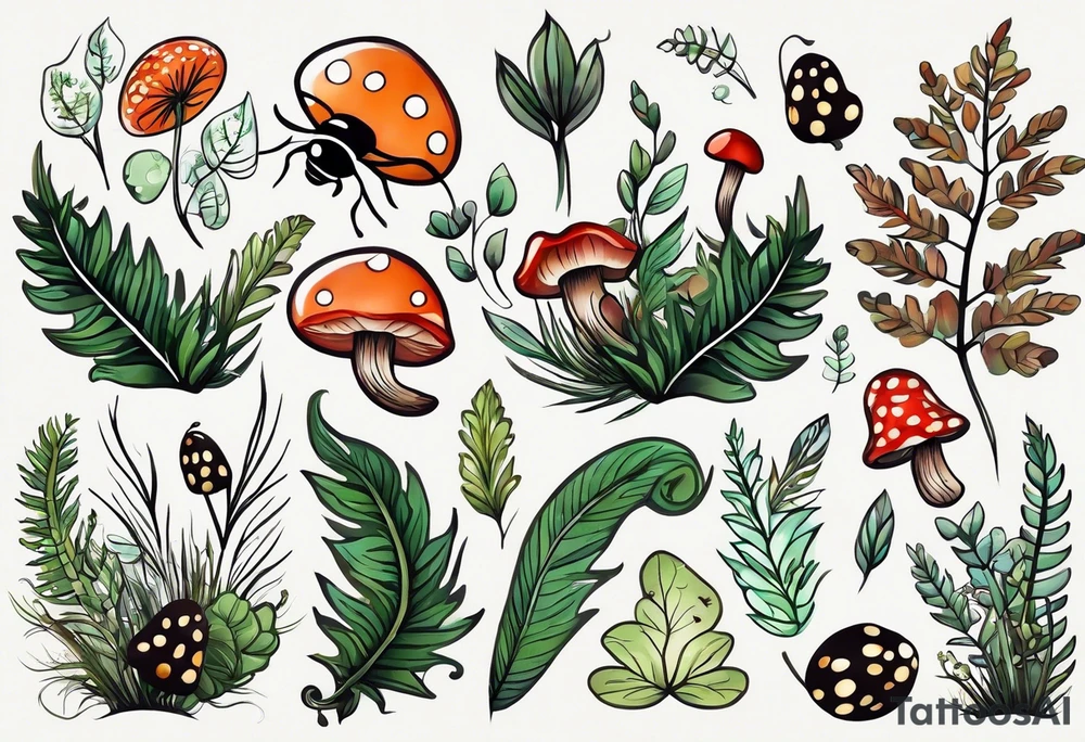 forest floor inspired minimalist tattoo, which includes grass, curly ferns, moss and dead leaves as the bulk of the tattoo. details to include: forest berries, a tiny bumblebee flying nearby, three small brown mushrooms
Generate a vertically long one tattoo idea