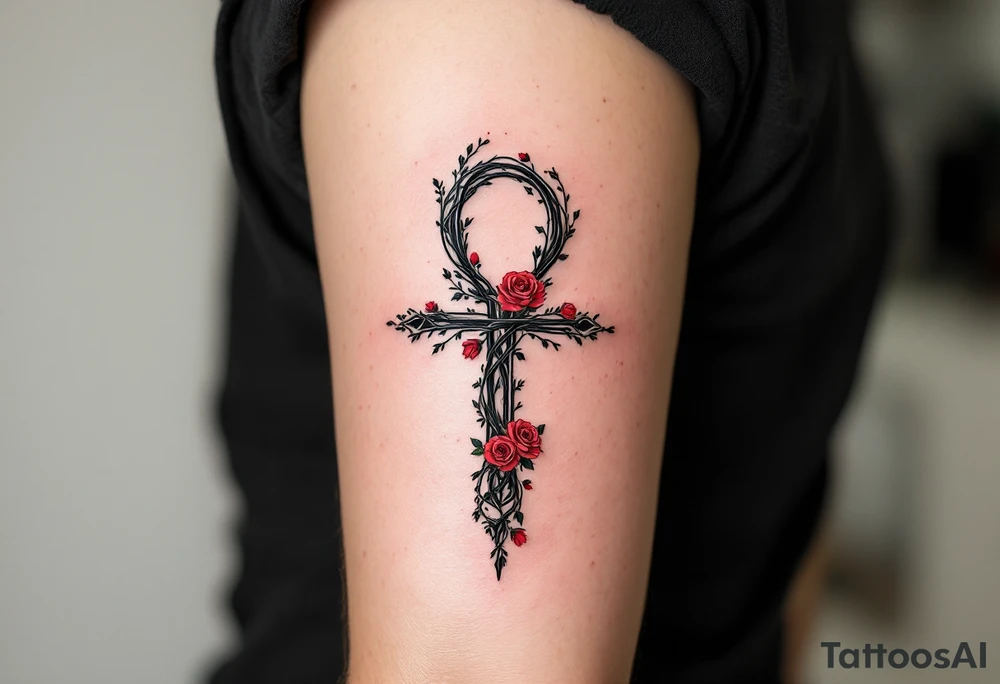 A black ink Ankh with a delicate vine wrapping around it, featuring small red roses symbolizing love and eternity. tattoo idea