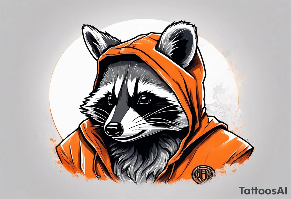 Raccoon wearing an orange Superman hoodie tattoo idea