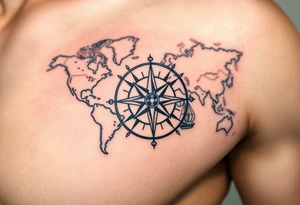 antique compass rose overlaid on weathered world map with sailing ships tattoo idea