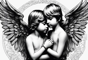 The two boy angels are on either side of the girl angel, with their wings gently enfolding tattoo idea