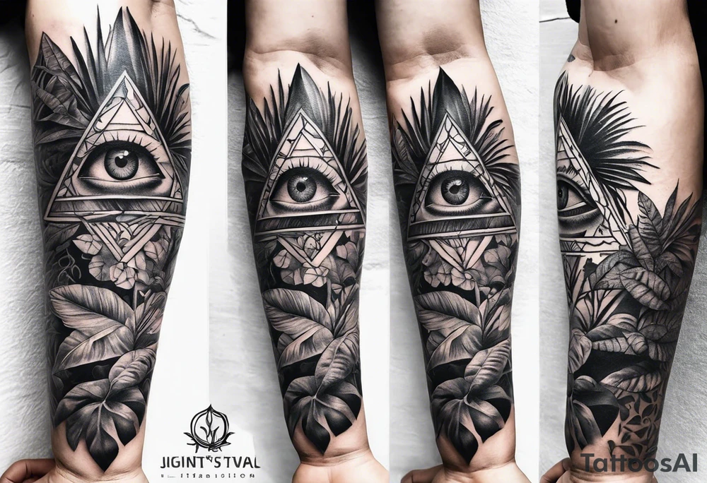 full sleeve tattoo with jungle plants and the all-seeing eye tattoo idea