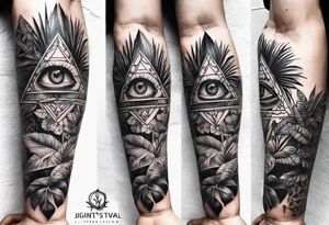 full sleeve tattoo with jungle plants and the all-seeing eye tattoo idea