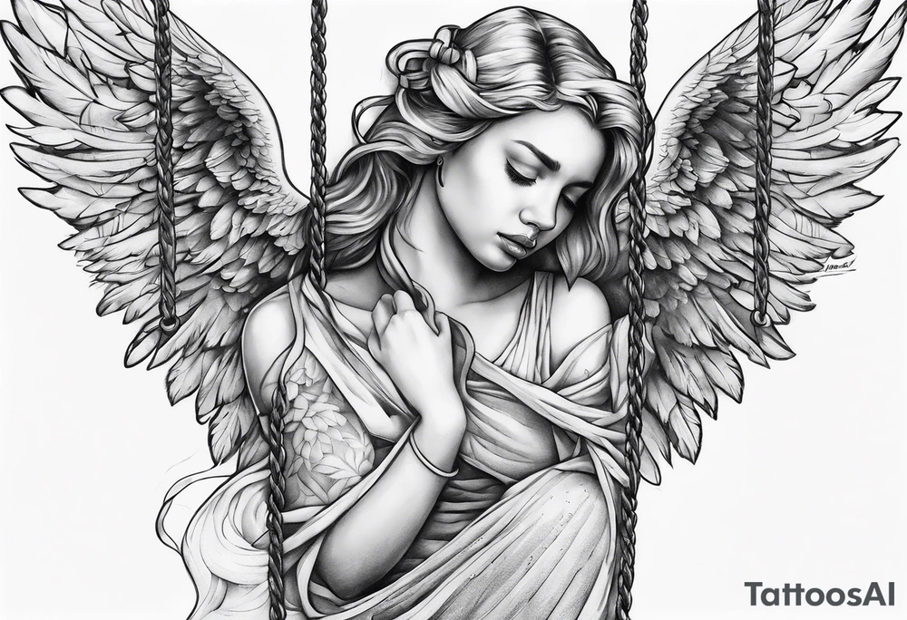 crying broken angel on swing tattoo idea