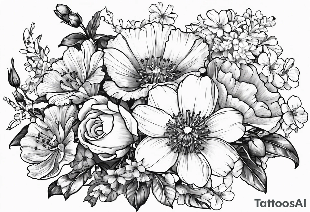 Bouquet of flowers with Two carnations, Two daffodils, One snowdrop, One hawthorn flower, Two honeysuckle blooms, One rose, One chrysanthemum, one cosmos, one marigold, one morning glory, one aster tattoo idea