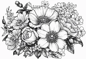 Bouquet of flowers with Two carnations, Two daffodils, One snowdrop, One hawthorn flower, Two honeysuckle blooms, One rose, One chrysanthemum, one cosmos, one marigold, one morning glory, one aster tattoo idea