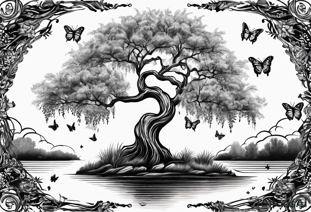 Weeping willow tree with butterflies tattoo idea