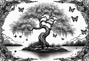 Weeping willow tree with butterflies tattoo idea