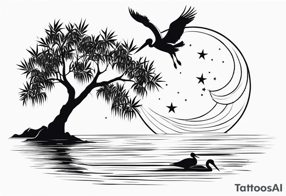A simple willow tree with a flying pelican. A sun a moon and a star tattoo idea A simple willow tree with a flying pelican. A sun a moon and a star tattoo idea