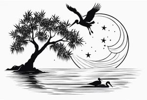 A simple willow tree with a flying pelican. A sun a moon and a star tattoo idea