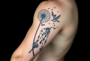 A dandelion with its leaves blowing away and turning into birds that fly up a waterfall tattoo idea