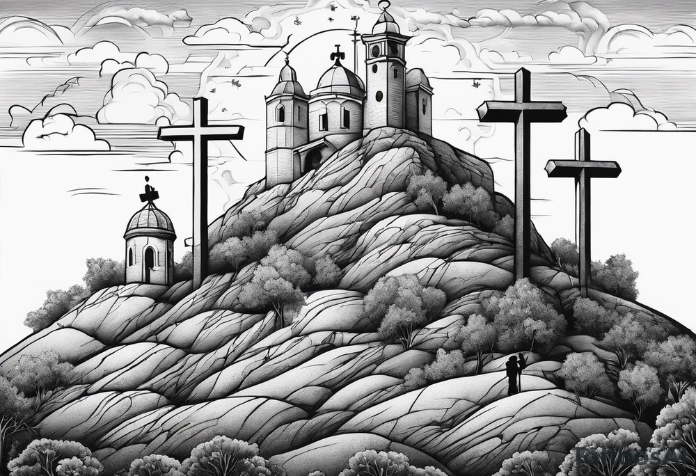 3 people on crosses on a hill facing west tattoo idea