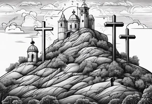 3 people on crosses on a hill facing west tattoo idea