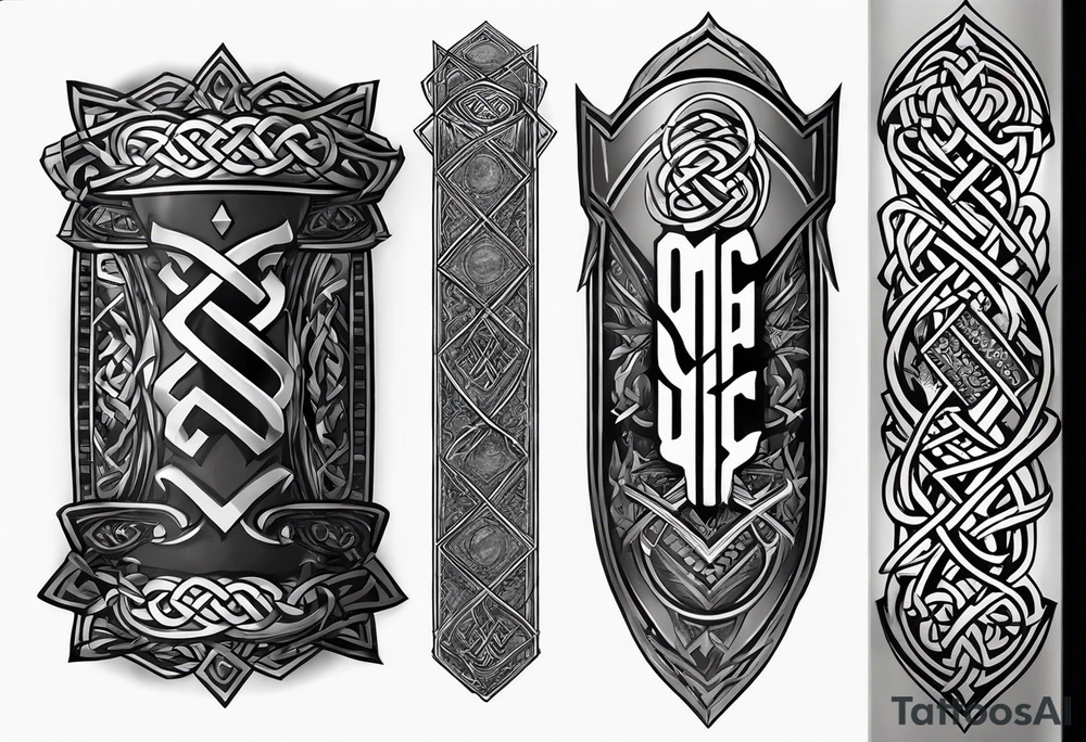 "Cheers Mate" text black and grey ink armband +Celtic +grey Cancer Ribbon +tribal +artistic tattoo idea