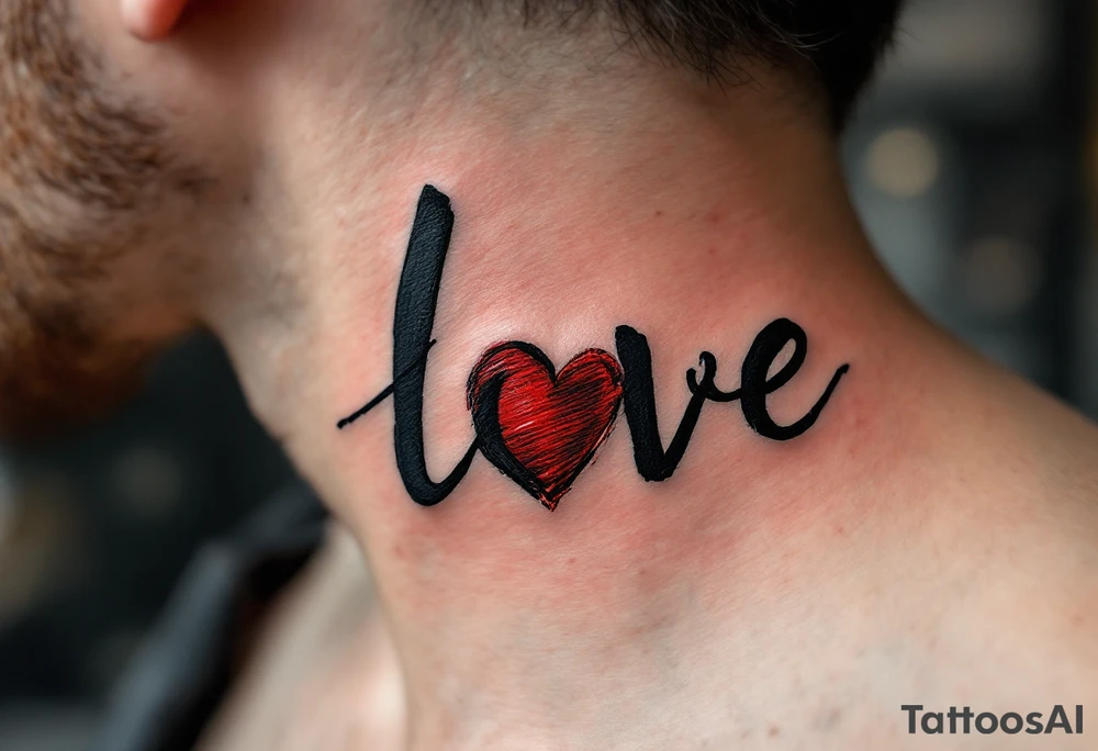 Brushstroke style tattoo in dark ink love faith hope with a crimson heart replacing the letter "o" in "love". tattoo idea