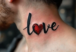 Brushstroke style tattoo in dark ink love faith hope with a crimson heart replacing the letter "o" in "love". tattoo idea