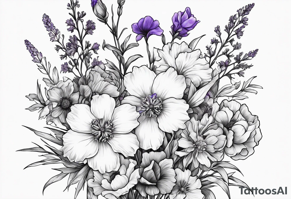Bouquet Simple Tattoo of larkspur, carnation, violet, daisy tattoo idea