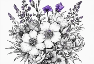 Bouquet Simple Tattoo of larkspur, carnation, violet, daisy tattoo idea