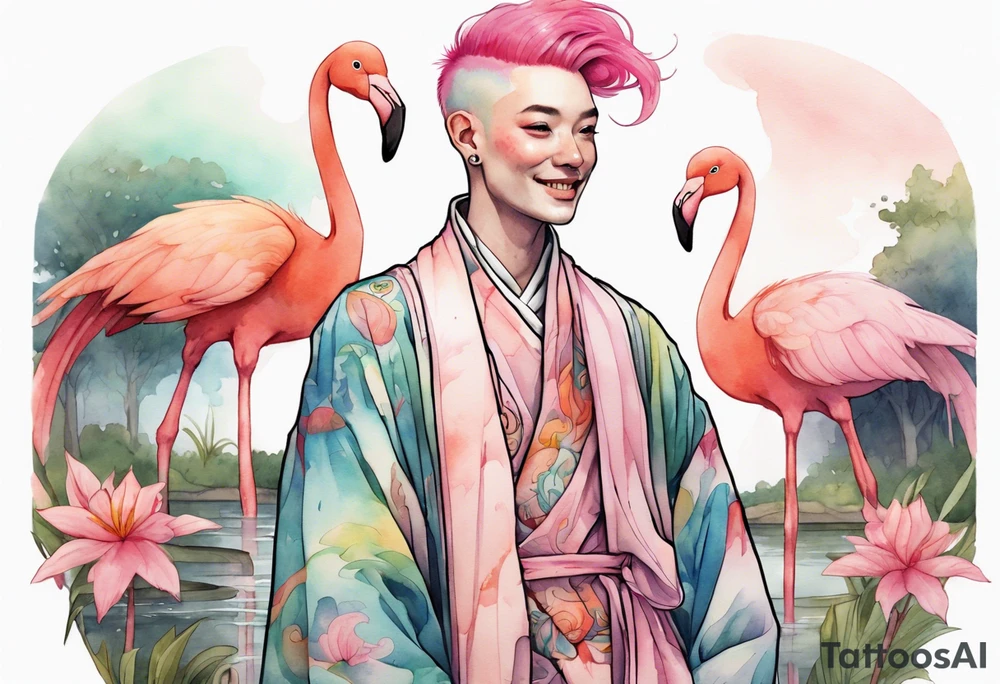 a smiling nonbinary person with pink hair wearing a rainbow medieval robe standing next to a single flamingo near a pond tattoo idea