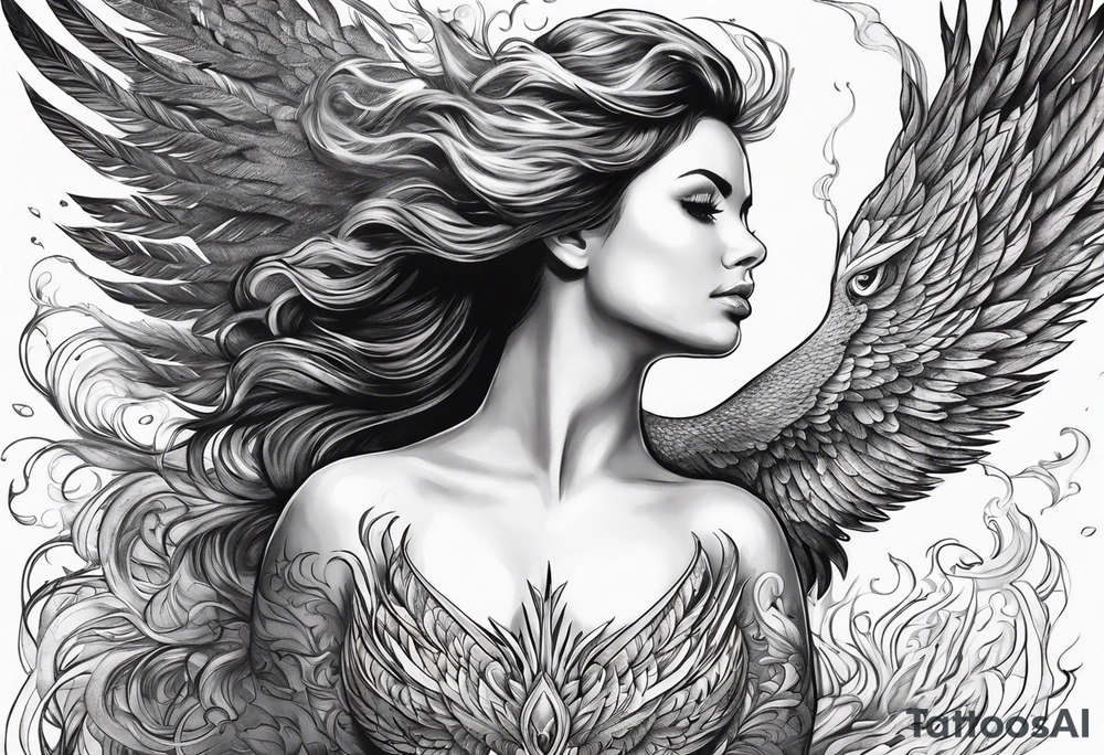 Woman rising into the phoenix tattoo idea