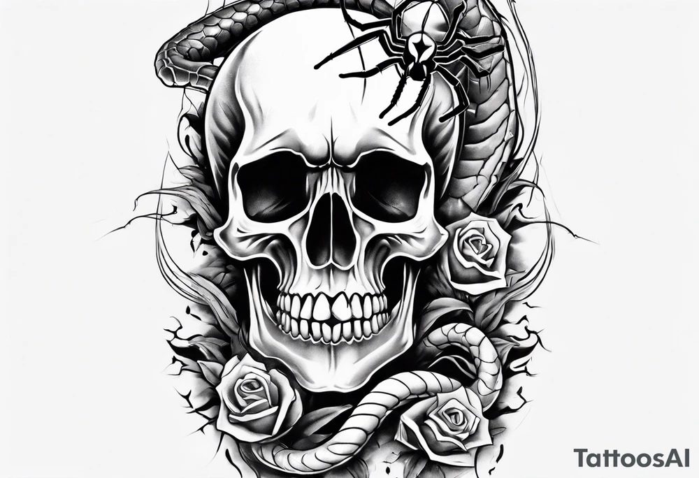 Black skull sleeve tattoo with spiders and snake tattoo idea Black skull sleeve tattoo with spiders and snake tattoo idea